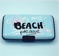 Blue card holder with “Beach Please” on it